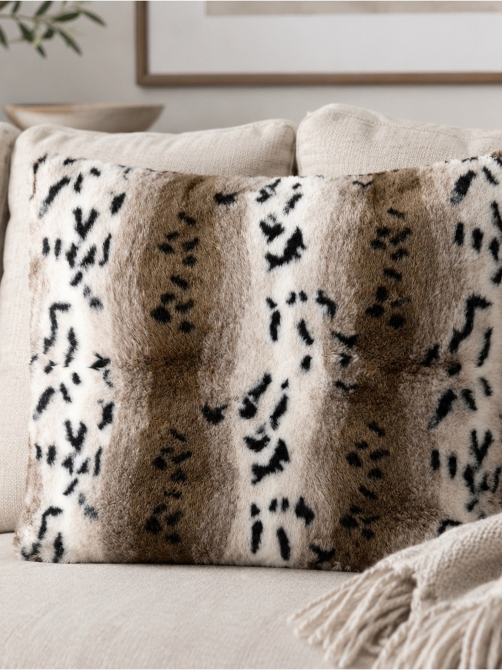 Plush Faux Fur Decorative Throw Pillow - Cream and Brown